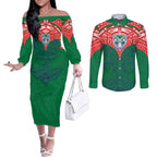 Personalized New Zealand Warriors Couples Matching Off The Shoulder Long Sleeve Dress and Long Sleeve Button Shirt Polynesian Tribal Pattern Style