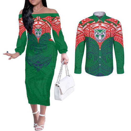 Personalized New Zealand Warriors Couples Matching Off The Shoulder Long Sleeve Dress and Long Sleeve Button Shirt Polynesian Tribal Pattern Style
