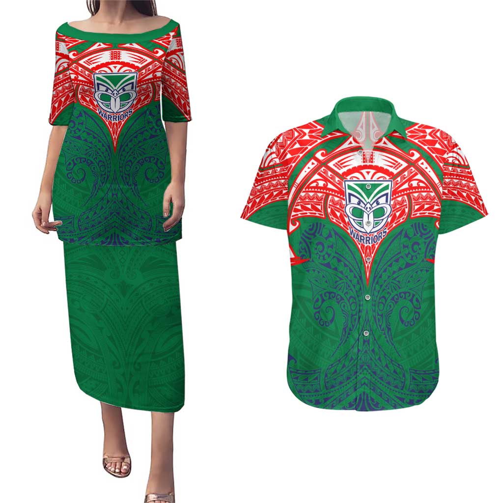 Personalized New Zealand Warriors Couples Matching Puletasi and Hawaiian Shirt Polynesian Tribal Pattern Style