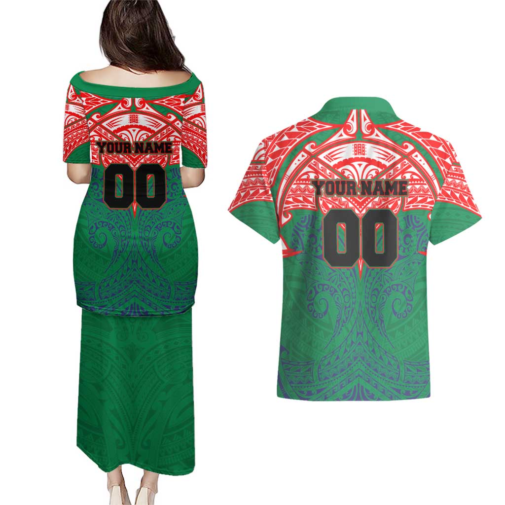 Personalized New Zealand Warriors Couples Matching Puletasi and Hawaiian Shirt Polynesian Tribal Pattern Style