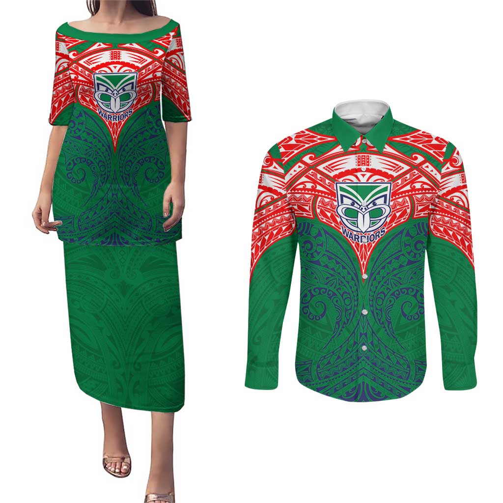 Personalized New Zealand Warriors Couples Matching Puletasi and Long Sleeve Button Shirt Polynesian Tribal Pattern Style