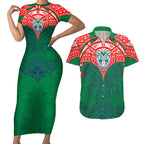 Personalized New Zealand Warriors Couples Matching Short Sleeve Bodycon Dress and Hawaiian Shirt Polynesian Tribal Pattern Style