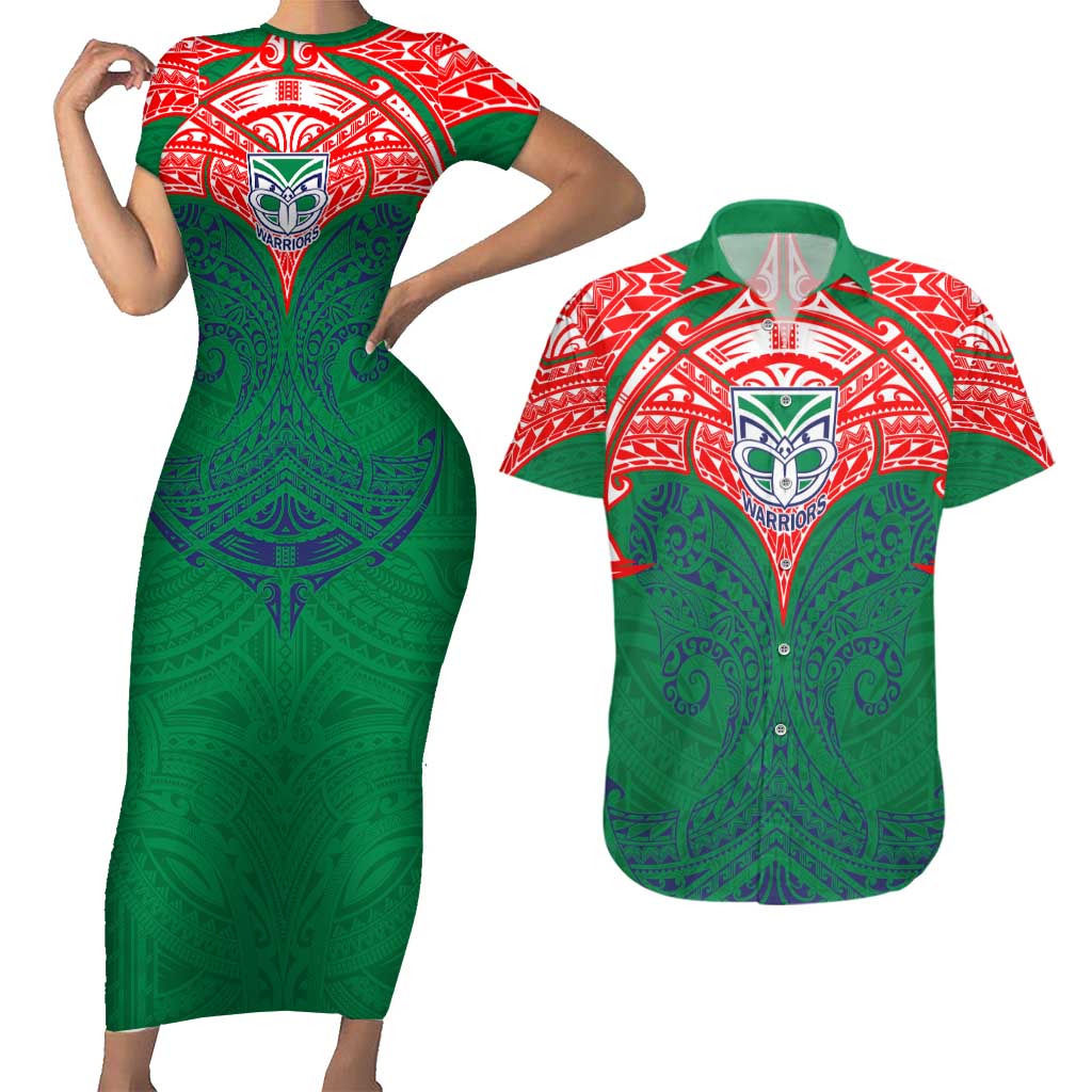 Personalized New Zealand Warriors Couples Matching Short Sleeve Bodycon Dress and Hawaiian Shirt Polynesian Tribal Pattern Style