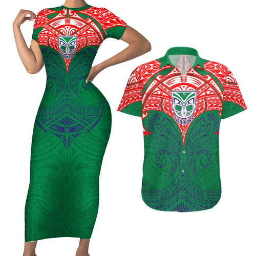 Personalized New Zealand Warriors Couples Matching Short Sleeve Bodycon Dress and Hawaiian Shirt Polynesian Tribal Pattern Style