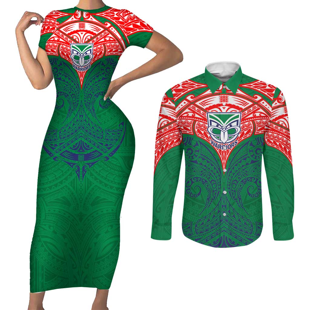 Personalized New Zealand Warriors Couples Matching Short Sleeve Bodycon Dress and Long Sleeve Button Shirt Polynesian Tribal Pattern Style