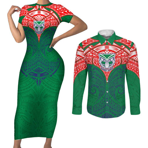 Personalized New Zealand Warriors Couples Matching Short Sleeve Bodycon Dress and Long Sleeve Button Shirt Polynesian Tribal Pattern Style