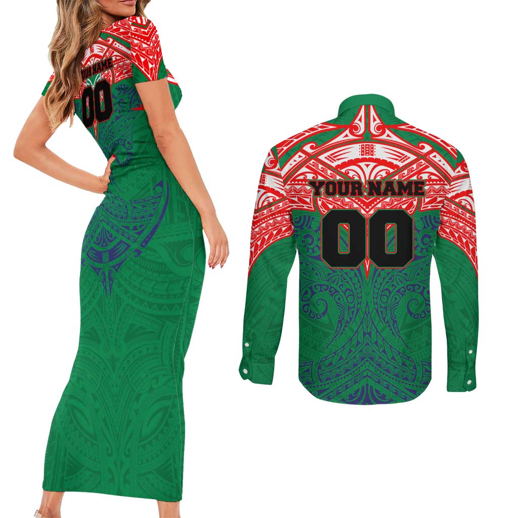 Personalized New Zealand Warriors Couples Matching Short Sleeve Bodycon Dress and Long Sleeve Button Shirt Polynesian Tribal Pattern Style