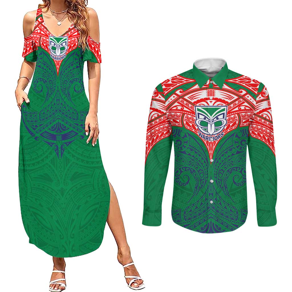 Personalized New Zealand Warriors Couples Matching Summer Maxi Dress and Long Sleeve Button Shirt Polynesian Tribal Pattern Style