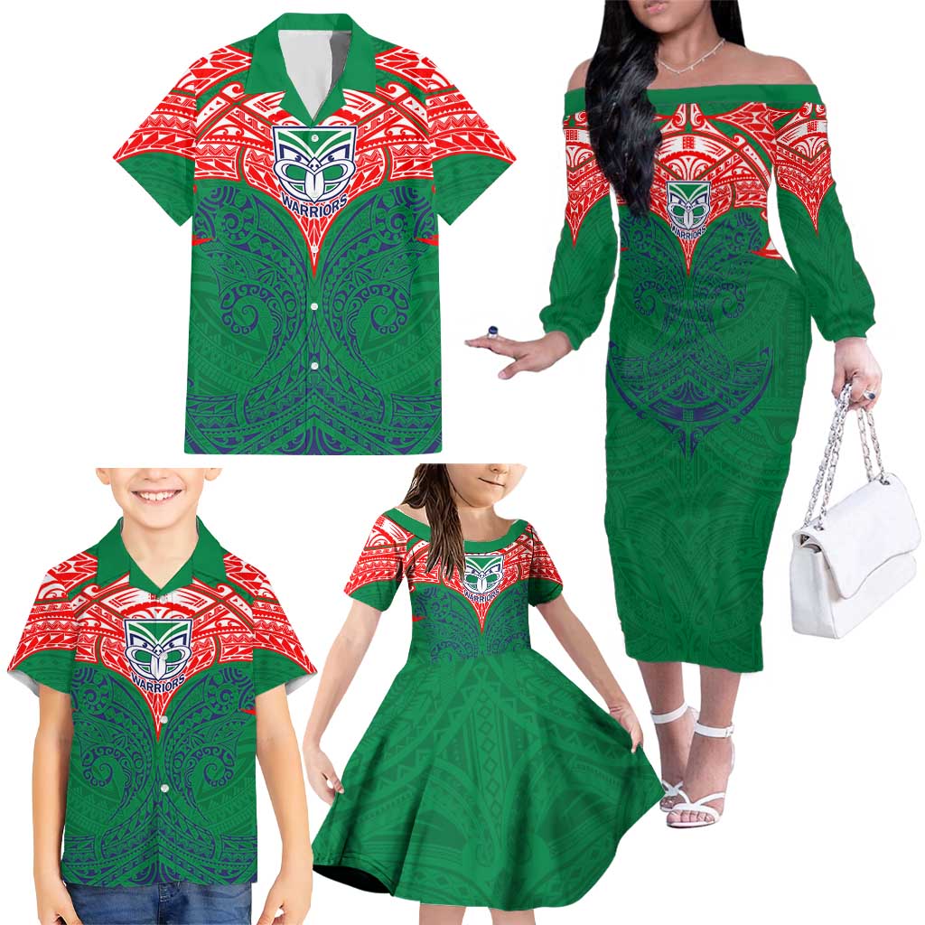 Personalized New Zealand Warriors Family Matching Off The Shoulder Long Sleeve Dress and Hawaiian Shirt Polynesian Tribal Pattern Style