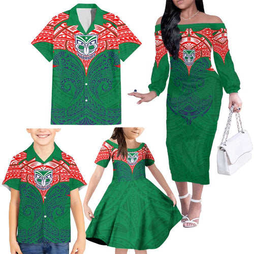 Personalized New Zealand Warriors Family Matching Off The Shoulder Long Sleeve Dress and Hawaiian Shirt Polynesian Tribal Pattern Style