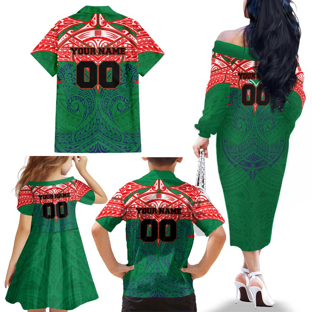 Personalized New Zealand Warriors Family Matching Off The Shoulder Long Sleeve Dress and Hawaiian Shirt Polynesian Tribal Pattern Style