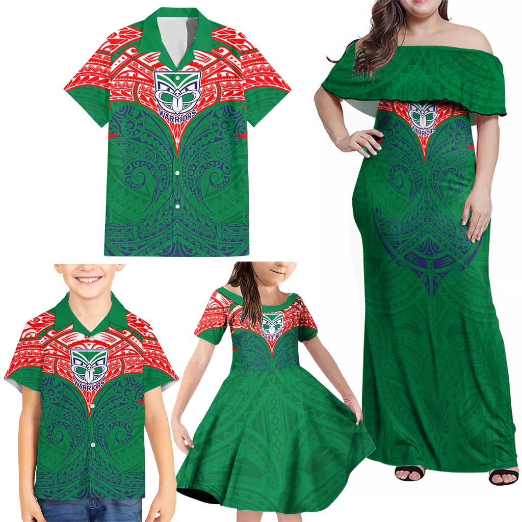 Personalized New Zealand Warriors Family Matching Off Shoulder Maxi Dress and Hawaiian Shirt Polynesian Tribal Pattern Style