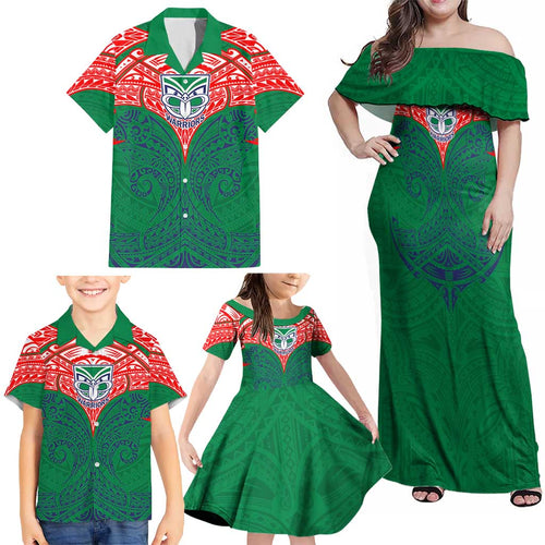 Personalized New Zealand Warriors Family Matching Off Shoulder Maxi Dress and Hawaiian Shirt Polynesian Tribal Pattern Style