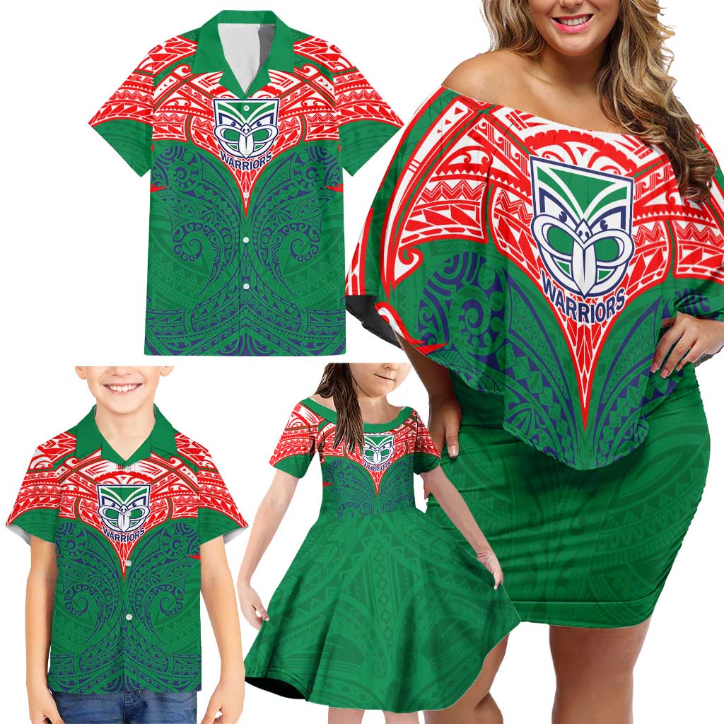 Personalized New Zealand Warriors Family Matching Off Shoulder Short Dress and Hawaiian Shirt Polynesian Tribal Pattern Style