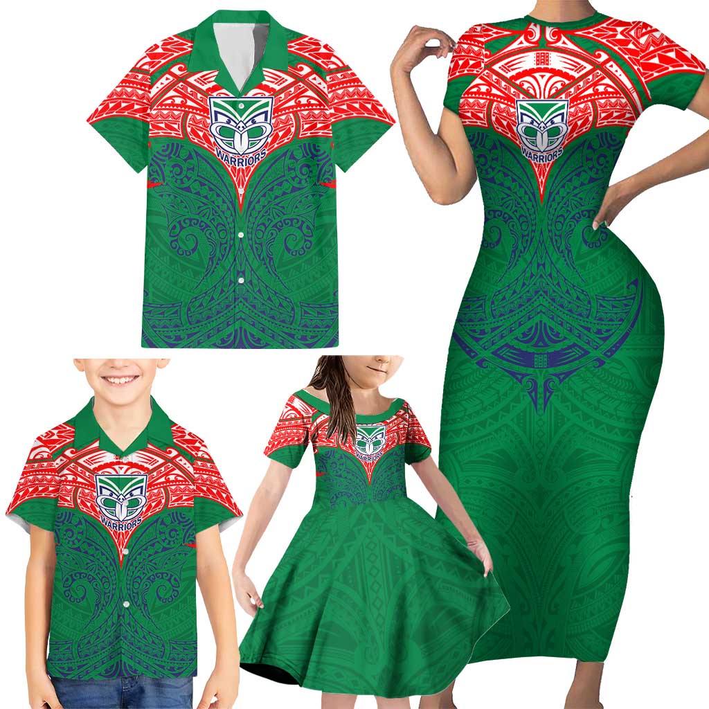 Personalized New Zealand Warriors Family Matching Short Sleeve Bodycon Dress and Hawaiian Shirt Polynesian Tribal Pattern Style
