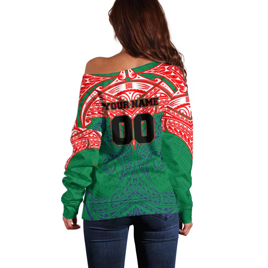 Personalized New Zealand Warriors Off Shoulder Sweater Polynesian Tribal Pattern Style