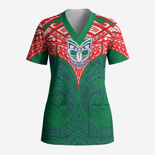 Personalized New Zealand Warriors Scrub Top Polynesian Tribal Pattern Style