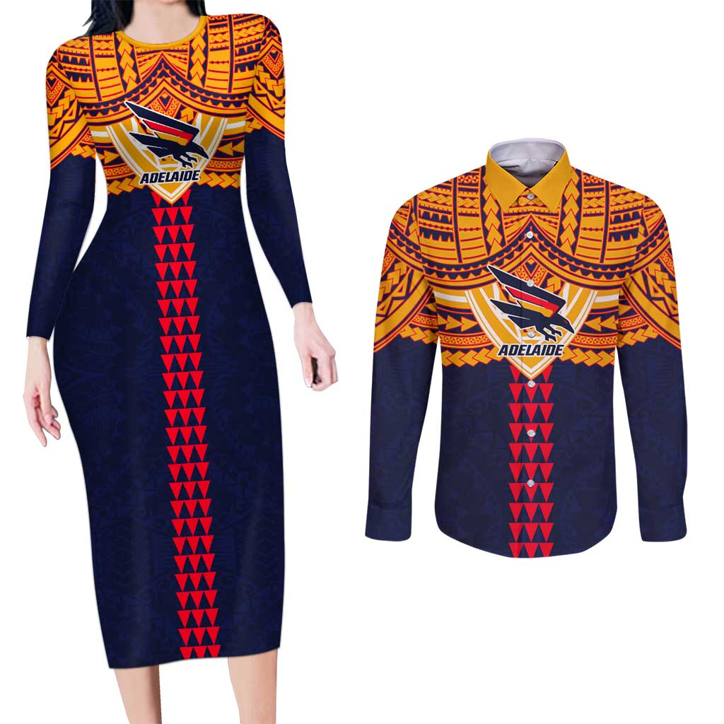 Personalized Adelaide Crows Couples Matching Long Sleeve Bodycon Dress and Long Sleeve Button Shirt Polynesian Tribal Pattern Heritage Football
