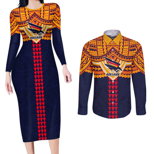 Personalized Adelaide Crows Couples Matching Long Sleeve Bodycon Dress and Long Sleeve Button Shirt Polynesian Tribal Pattern Heritage Football