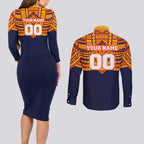 Personalized Adelaide Crows Couples Matching Long Sleeve Bodycon Dress and Long Sleeve Button Shirt Polynesian Tribal Pattern Heritage Football