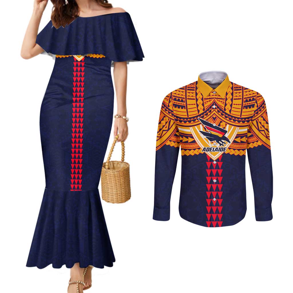 Personalized Adelaide Crows Couples Matching Mermaid Dress and Long Sleeve Button Shirt Polynesian Tribal Pattern Heritage Football