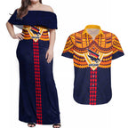 Personalized Adelaide Crows Couples Matching Off Shoulder Maxi Dress and Hawaiian Shirt Polynesian Tribal Pattern Heritage Football
