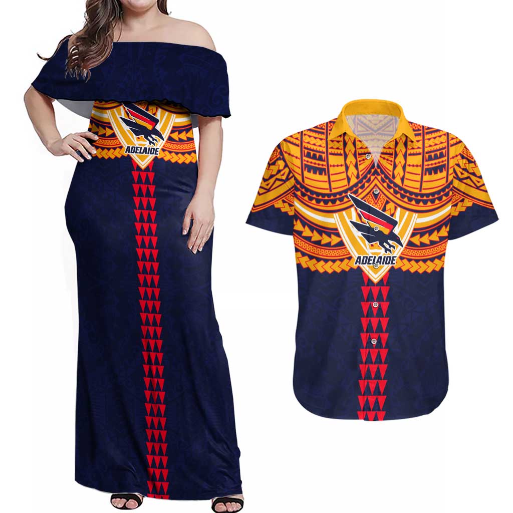 Personalized Adelaide Crows Couples Matching Off Shoulder Maxi Dress and Hawaiian Shirt Polynesian Tribal Pattern Heritage Football