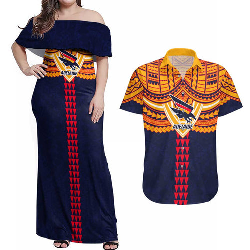 Personalized Adelaide Crows Couples Matching Off Shoulder Maxi Dress and Hawaiian Shirt Polynesian Tribal Pattern Heritage Football