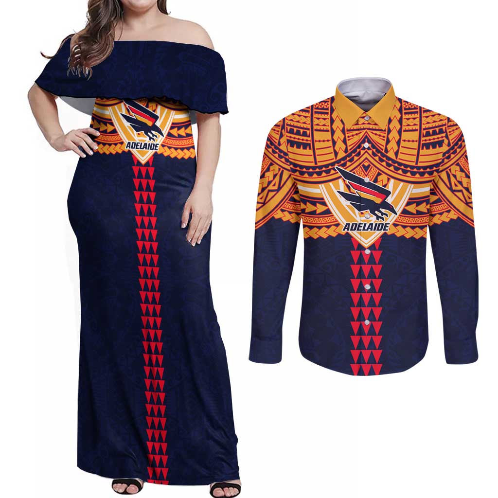Personalized Adelaide Crows Couples Matching Off Shoulder Maxi Dress and Long Sleeve Button Shirt Polynesian Tribal Pattern Heritage Football