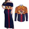 Personalized Adelaide Crows Couples Matching Off Shoulder Maxi Dress and Long Sleeve Button Shirt Polynesian Tribal Pattern Heritage Football