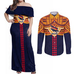 Personalized Adelaide Crows Couples Matching Off Shoulder Maxi Dress and Long Sleeve Button Shirt Polynesian Tribal Pattern Heritage Football