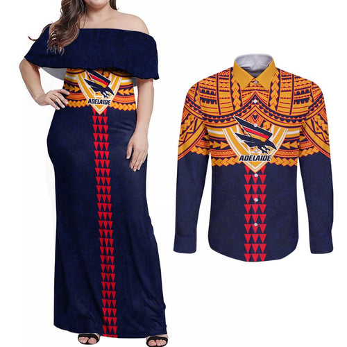 Personalized Adelaide Crows Couples Matching Off Shoulder Maxi Dress and Long Sleeve Button Shirt Polynesian Tribal Pattern Heritage Football