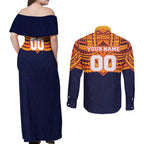 Personalized Adelaide Crows Couples Matching Off Shoulder Maxi Dress and Long Sleeve Button Shirt Polynesian Tribal Pattern Heritage Football
