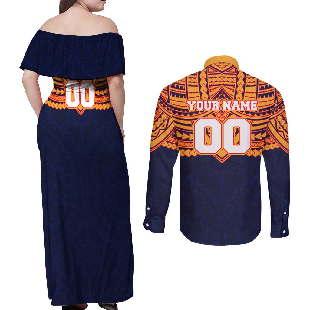 Personalized Adelaide Crows Couples Matching Off Shoulder Maxi Dress and Long Sleeve Button Shirt Polynesian Tribal Pattern Heritage Football
