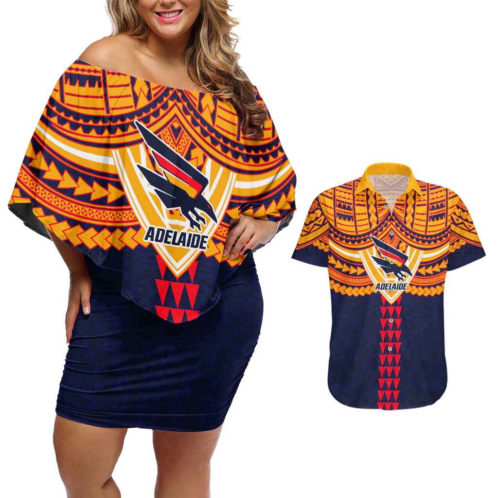 Personalized Adelaide Crows Couples Matching Off Shoulder Short Dress and Hawaiian Shirt Polynesian Tribal Pattern Heritage Football