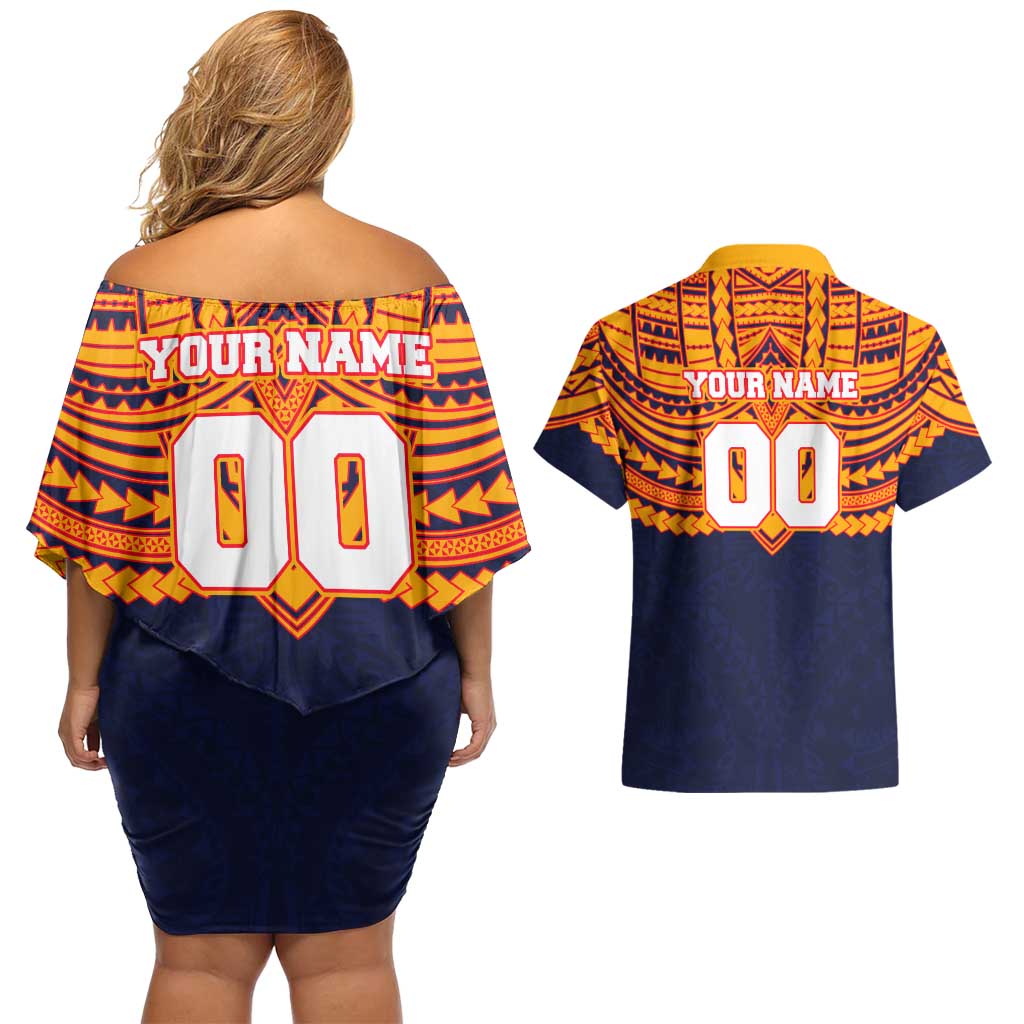 Personalized Adelaide Crows Couples Matching Off Shoulder Short Dress and Hawaiian Shirt Polynesian Tribal Pattern Heritage Football