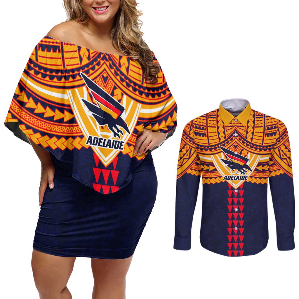 Personalized Adelaide Crows Couples Matching Off Shoulder Short Dress and Long Sleeve Button Shirt Polynesian Tribal Pattern Heritage Football