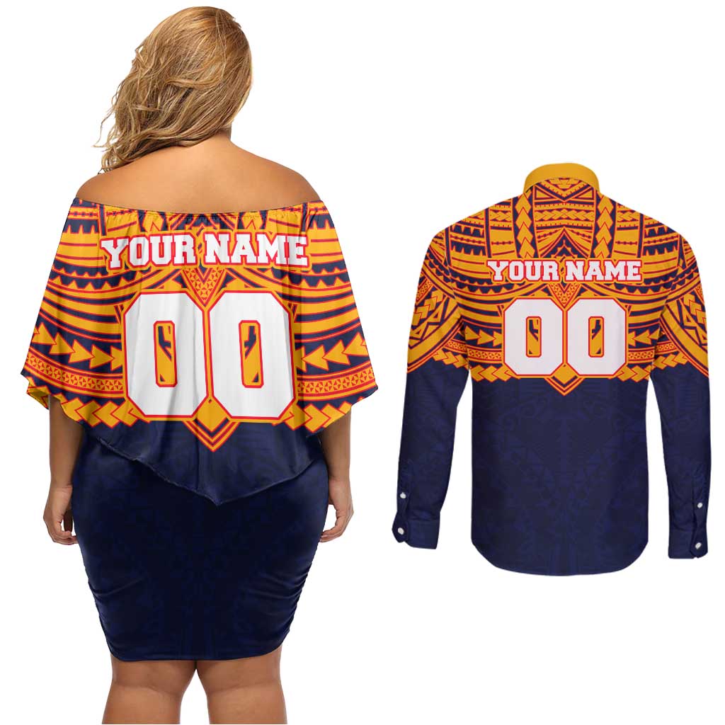 Personalized Adelaide Crows Couples Matching Off Shoulder Short Dress and Long Sleeve Button Shirt Polynesian Tribal Pattern Heritage Football
