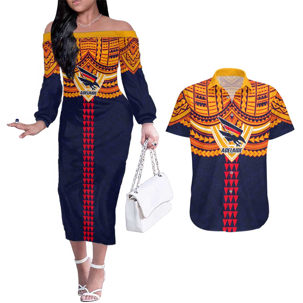 Personalized Adelaide Crows Couples Matching Off The Shoulder Long Sleeve Dress and Hawaiian Shirt Polynesian Tribal Pattern Heritage Football