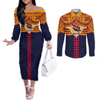 Personalized Adelaide Crows Couples Matching Off The Shoulder Long Sleeve Dress and Long Sleeve Button Shirt Polynesian Tribal Pattern Heritage Football