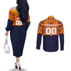 Personalized Adelaide Crows Couples Matching Off The Shoulder Long Sleeve Dress and Long Sleeve Button Shirt Polynesian Tribal Pattern Heritage Football