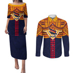 Personalized Adelaide Crows Couples Matching Puletasi and Long Sleeve Button Shirt Polynesian Tribal Pattern Heritage Football