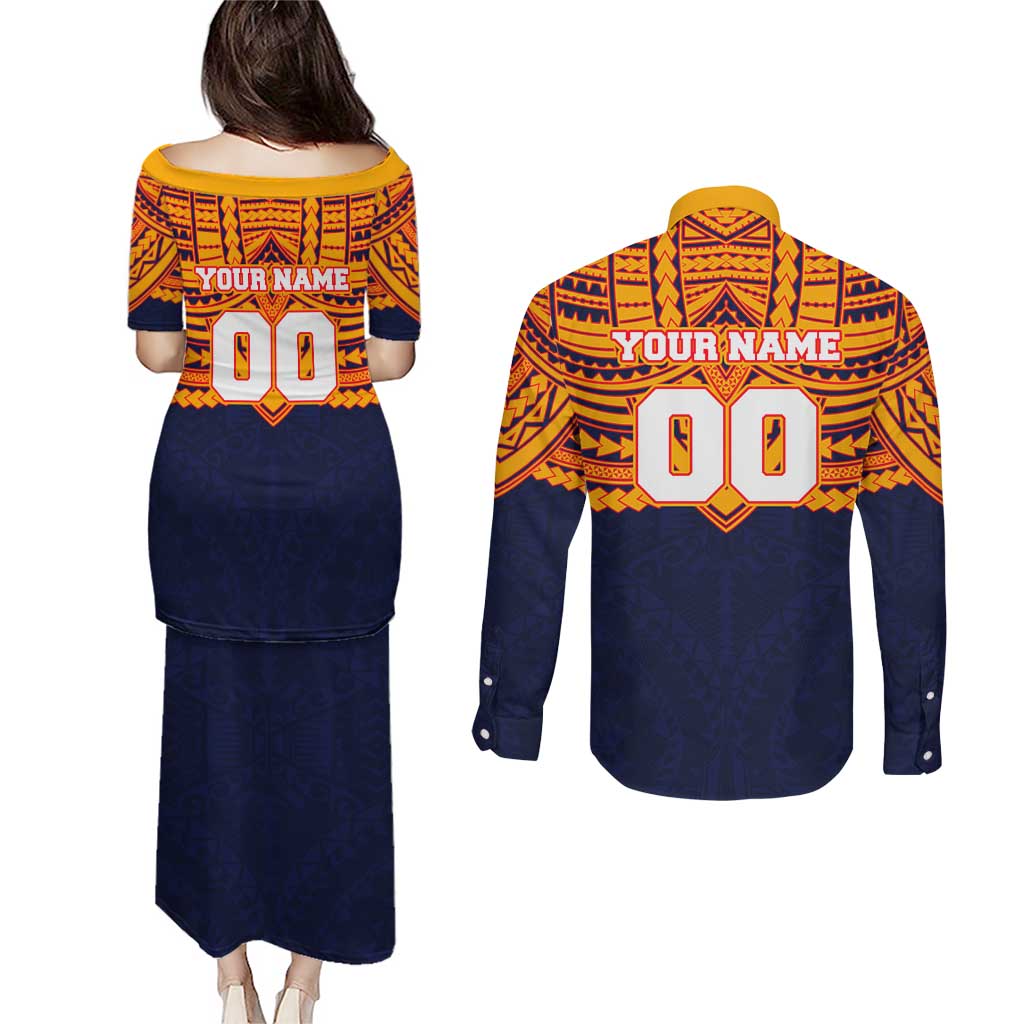 Personalized Adelaide Crows Couples Matching Puletasi and Long Sleeve Button Shirt Polynesian Tribal Pattern Heritage Football