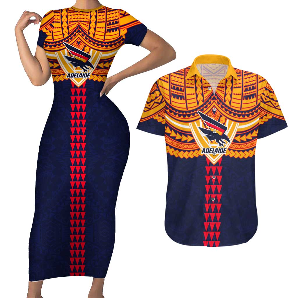 Personalized Adelaide Crows Couples Matching Short Sleeve Bodycon Dress and Hawaiian Shirt Polynesian Tribal Pattern Heritage Football