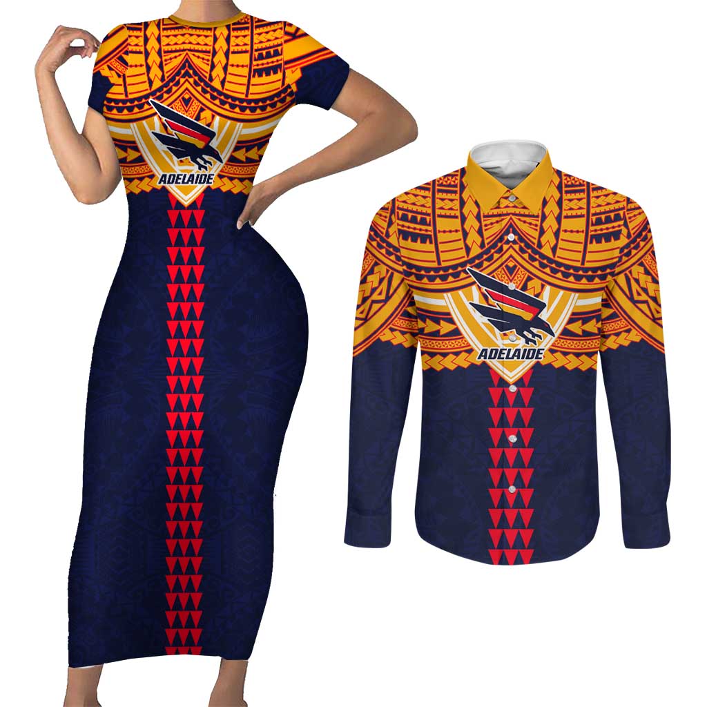 Personalized Adelaide Crows Couples Matching Short Sleeve Bodycon Dress and Long Sleeve Button Shirt Polynesian Tribal Pattern Heritage Football