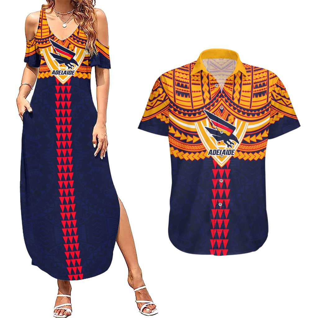 Personalized Adelaide Crows Couples Matching Summer Maxi Dress and Hawaiian Shirt Polynesian Tribal Pattern Heritage Football