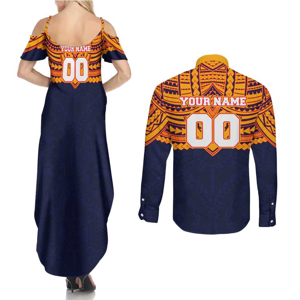 Personalized Adelaide Crows Couples Matching Summer Maxi Dress and Long Sleeve Button Shirt Polynesian Tribal Pattern Heritage Football