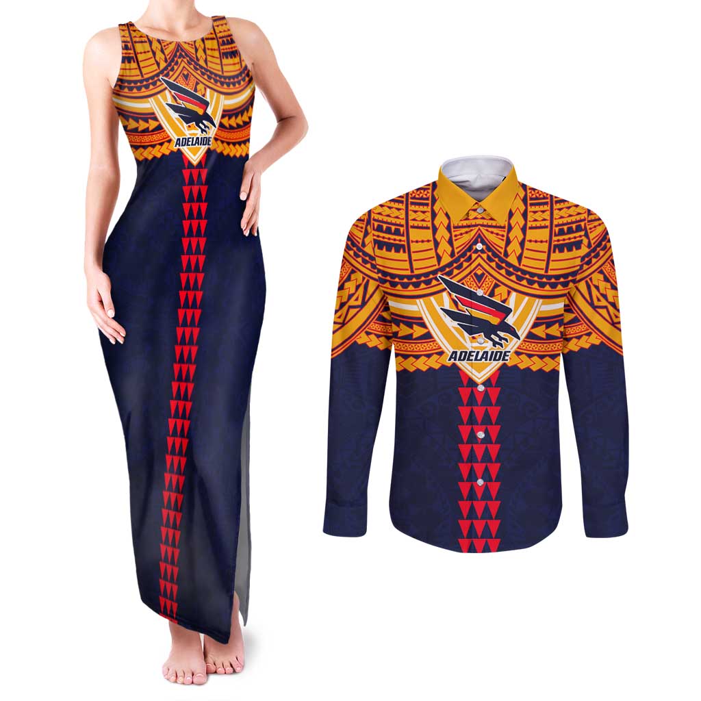 Personalized Adelaide Crows Couples Matching Tank Maxi Dress and Long Sleeve Button Shirt Polynesian Tribal Pattern Heritage Football