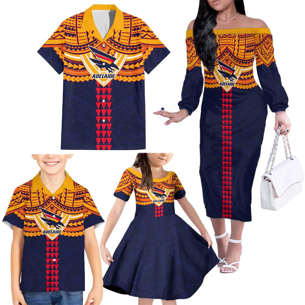 Personalized Adelaide Crows Family Matching Off The Shoulder Long Sleeve Dress and Hawaiian Shirt Polynesian Tribal Pattern Heritage Football