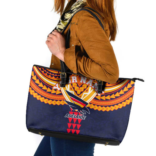 Personalized Adelaide Crows Leather Tote Bag Polynesian Tribal Pattern Heritage Football